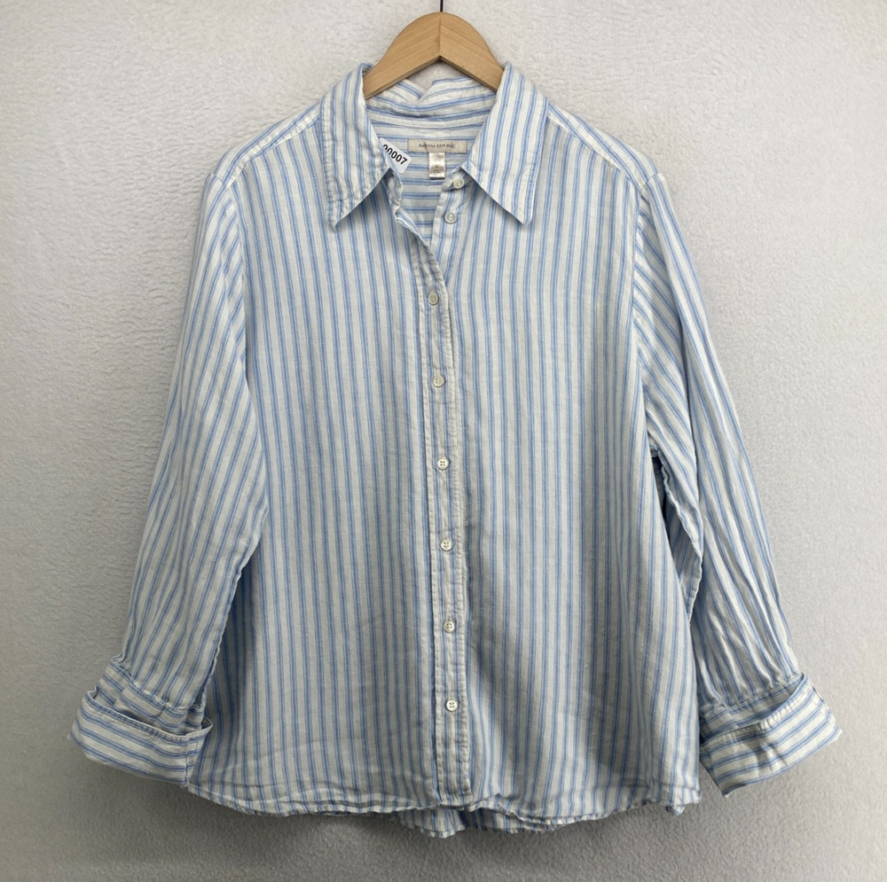 BANANA REPUBLIC Top Womens XL Linen Woven Striped Shirt Button Up Blue